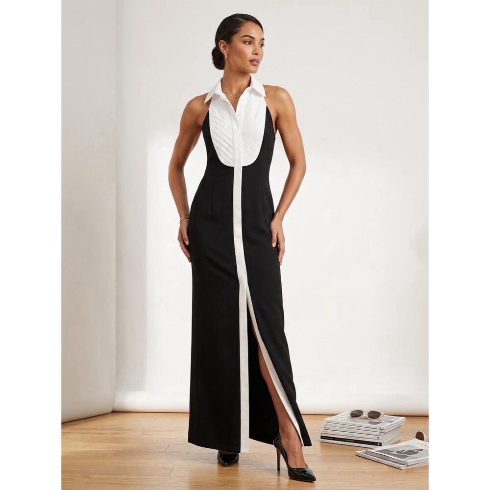 Karen Millen Maxi Dress Sz 10 Stretch Tuxedo Halter Neck Formal Event Minimalist